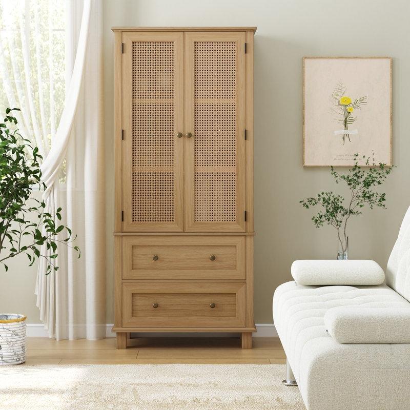 Beyaz Ahşap Rattan Görünümlü 2 Çekmeceli Vitrin - Gümüşlük - 163x74 cm - 157366