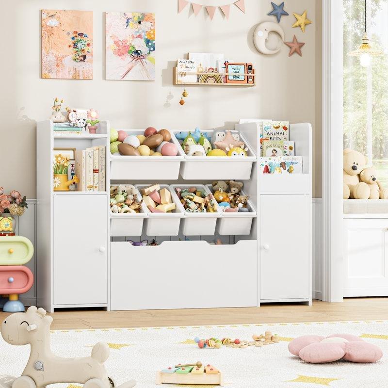 Beyaz Ahşap Sepetli ve Tekerlekli Çekmeceli Oyuncak Dolabı - 138 cm - 150396
