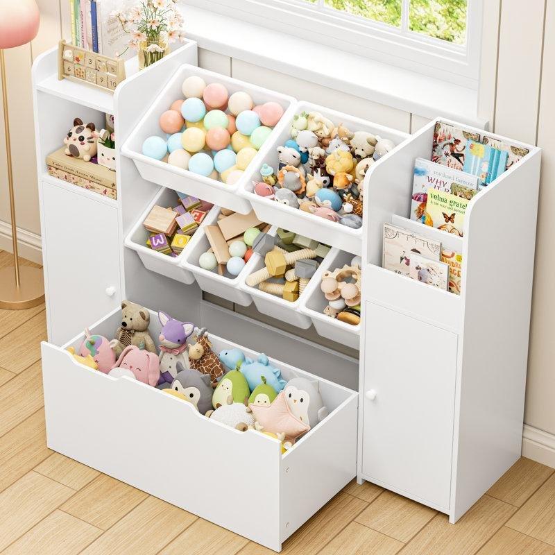 Beyaz Ahşap Sepetli ve Tekerlekli Çekmeceli Oyuncak Dolabı - 138 cm - 150396