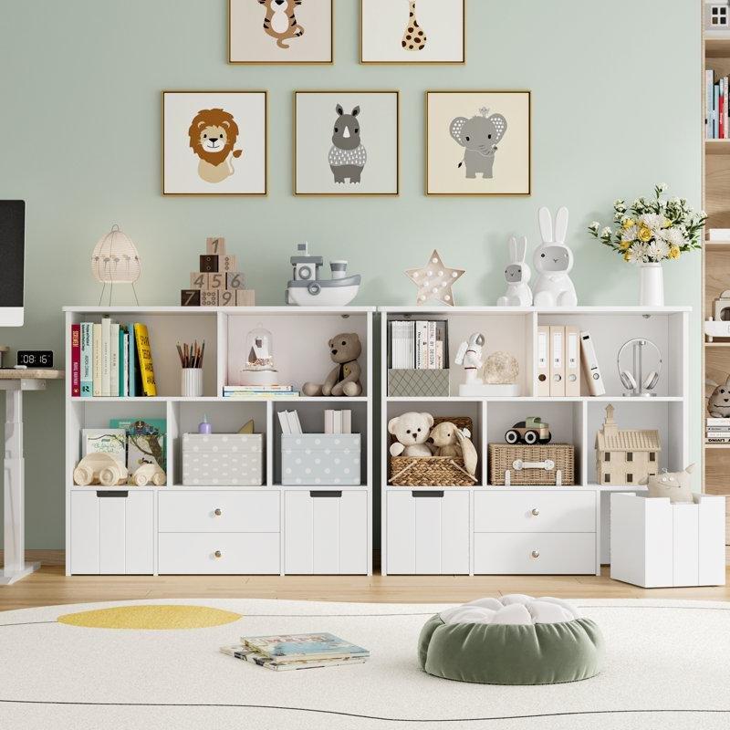 Beyaz Ahşap Tekerlekli Çekmeceli Yatay Kitaplıklı Oyuncak Dolabı - 110 cm - 149913