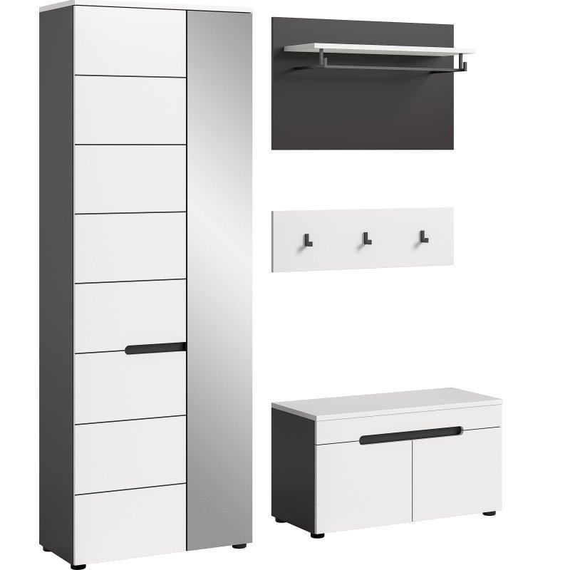 Beyaz Antrasit Sunta Aynalı Oturaklı 4 Parçalı Portmanto Vestiyer - 160x190 cm - 158692