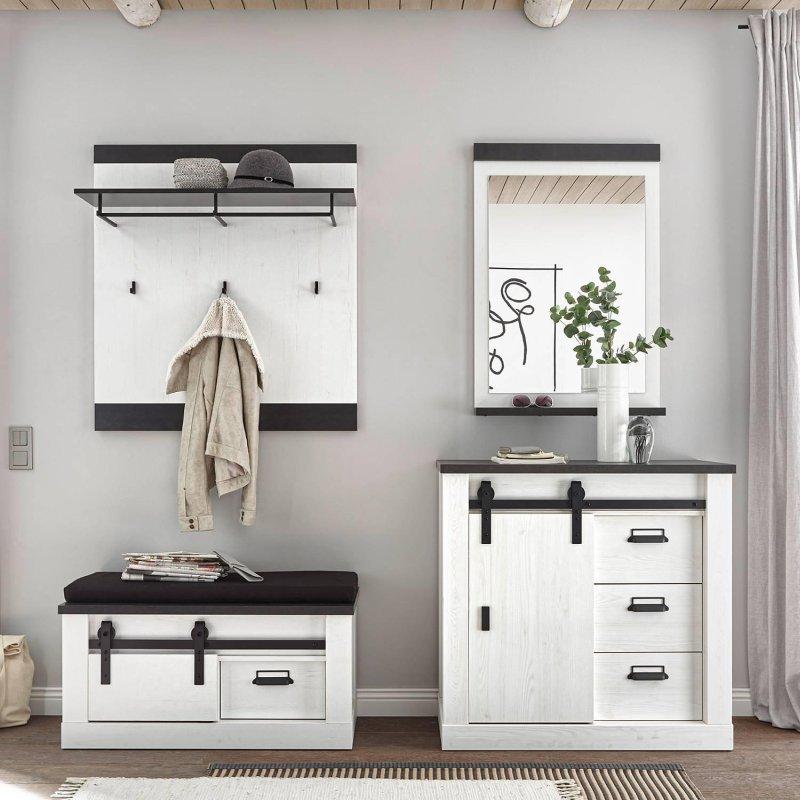 Beyaz Antrasit Yonga Levha 4 Parçalı Oturaklı Aynalı Çekmeceli Portmanto Vestiyer - 206x200x43 cm - 159370