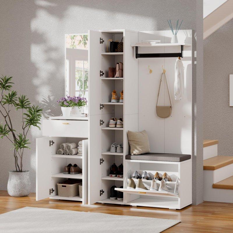 Beyaz Aynalı Oturaklı ve Çekmeceli Portmanto Vestiyer - 150 cm - 158629