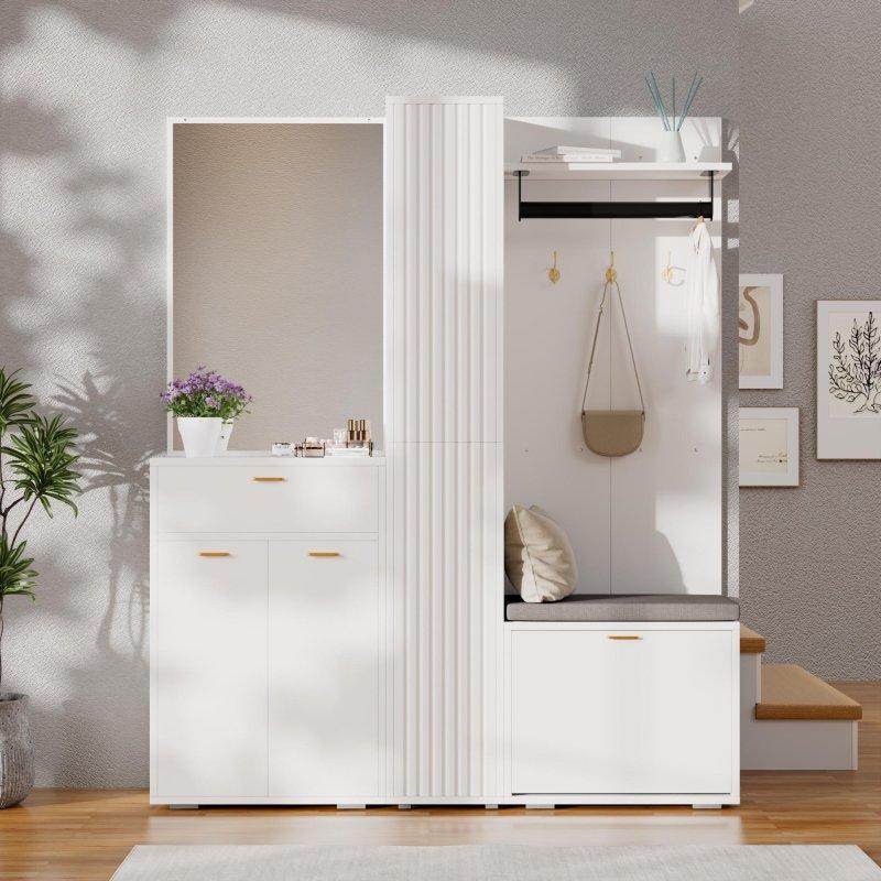 Beyaz Aynalı Oturaklı ve Çekmeceli Portmanto Vestiyer - 150 cm - 158629