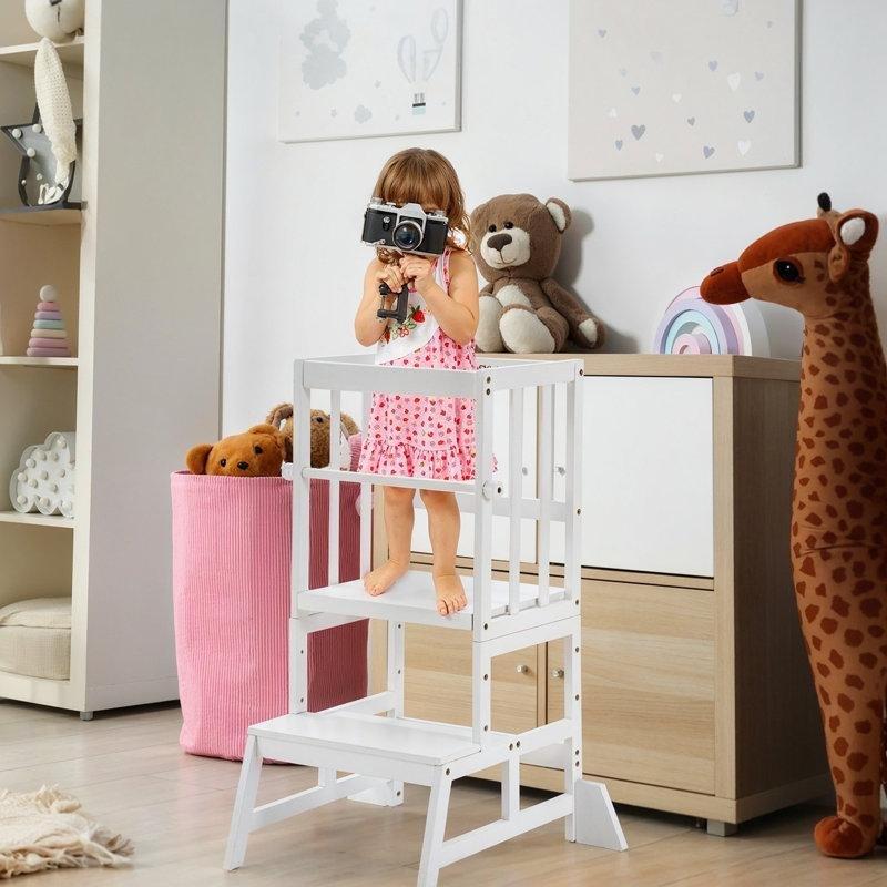Beyaz Bambu Yüksekliği Ayarlanabilir Düşme Önleyici Barlı Öğrenme Kulesi - 90 cm - 163174