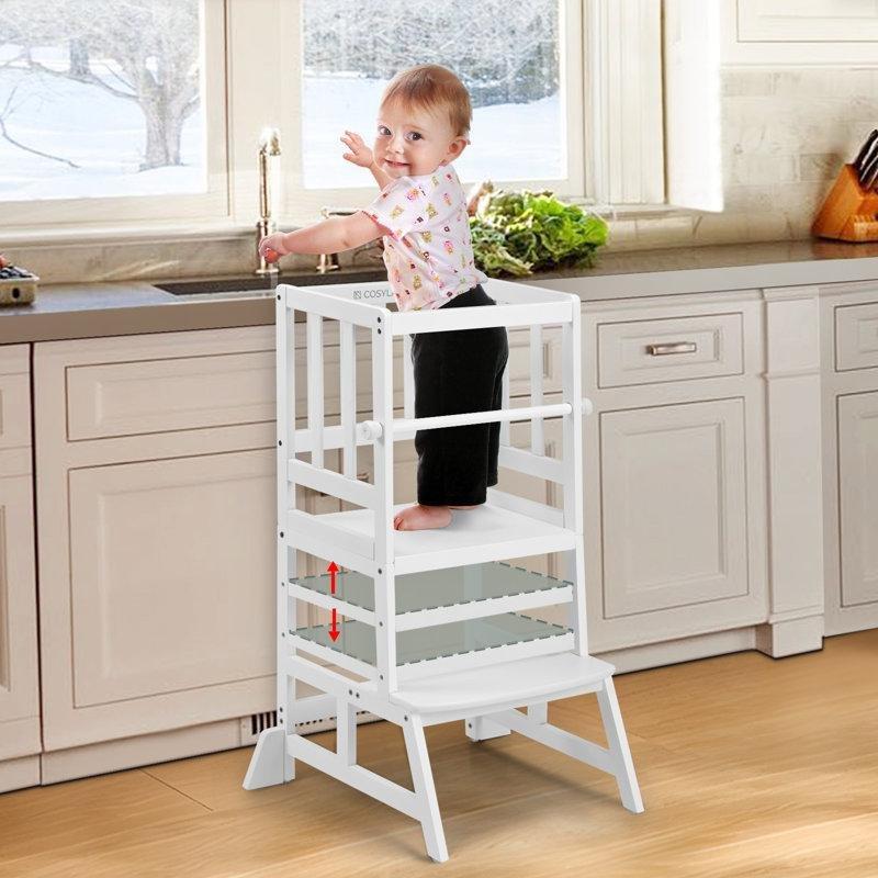 Beyaz Bambu Yüksekliği Ayarlanabilir Düşme Önleyici Barlı Öğrenme Kulesi - 90 cm - 163174