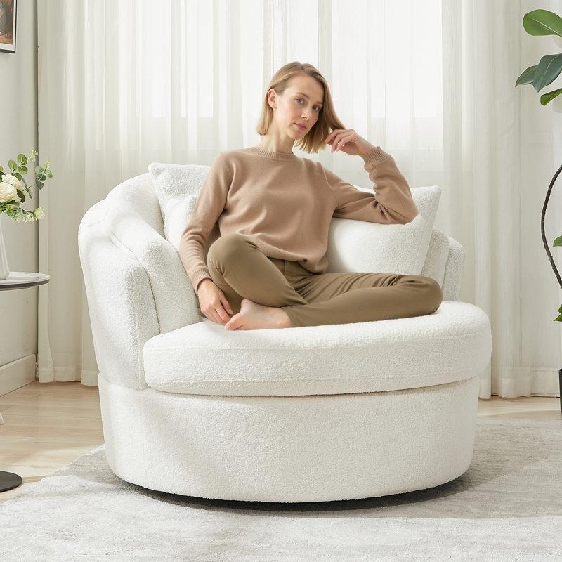 Beyaz Bukle Kumaş Döner Geniş Oturumlu Fıçı Koltuk - 110 cm - 156256