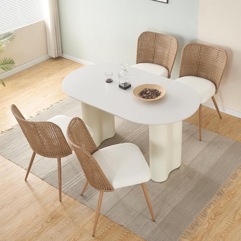 Beyaz Bukle Kumaş Kelebek Sırtlıklı Metal Ayaklı Rattan Sandalye 4lü Set - 146328