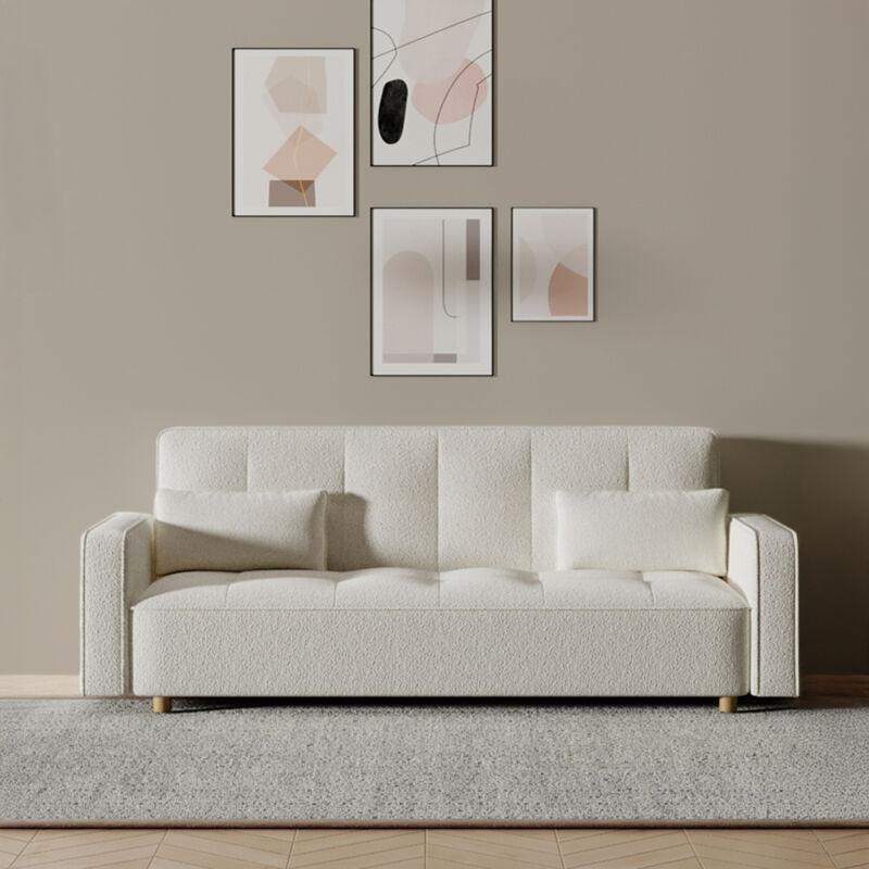 Beyaz Bukle Kumaş Masif Ahşap Ayaklı Yatak Olabilen 3 Kişilik Koltuk - 213x89x79 cm - 154352