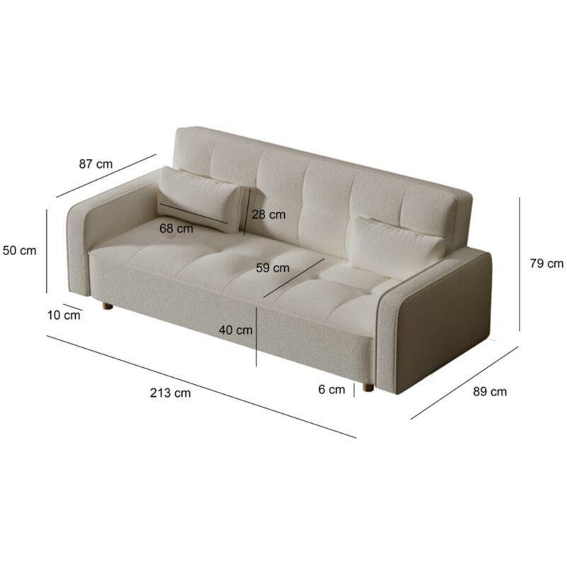 Beyaz Bukle Kumaş Masif Ahşap Ayaklı Yatak Olabilen 3 Kişilik Koltuk - 213x89x79 cm - 154352