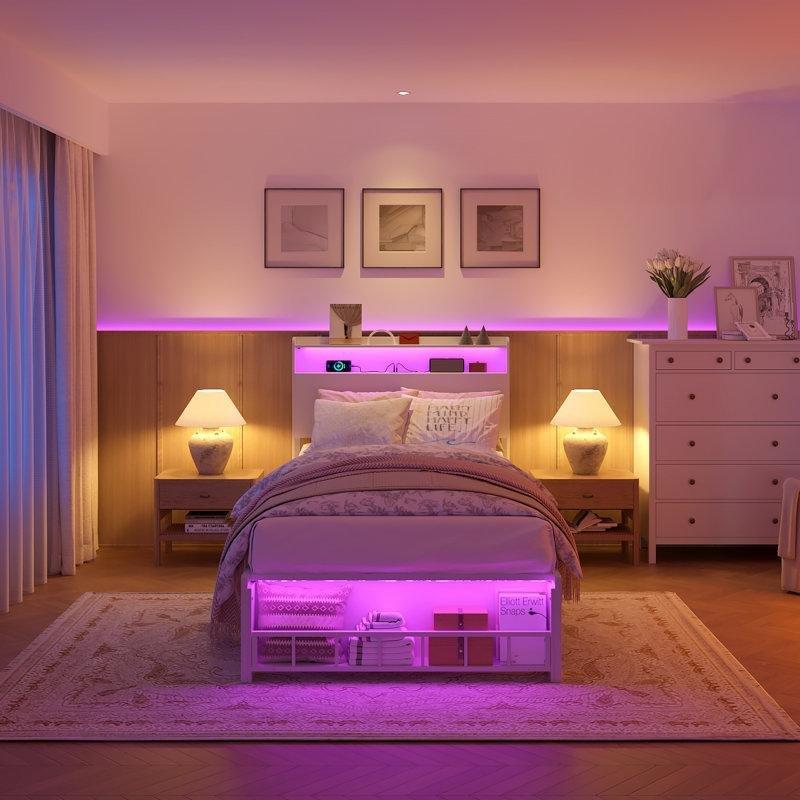 Beyaz Çelik RGB Aydınlatmalı USB Şarjlı Kitaplıklı Saklama Alanlı Karyola - 142978