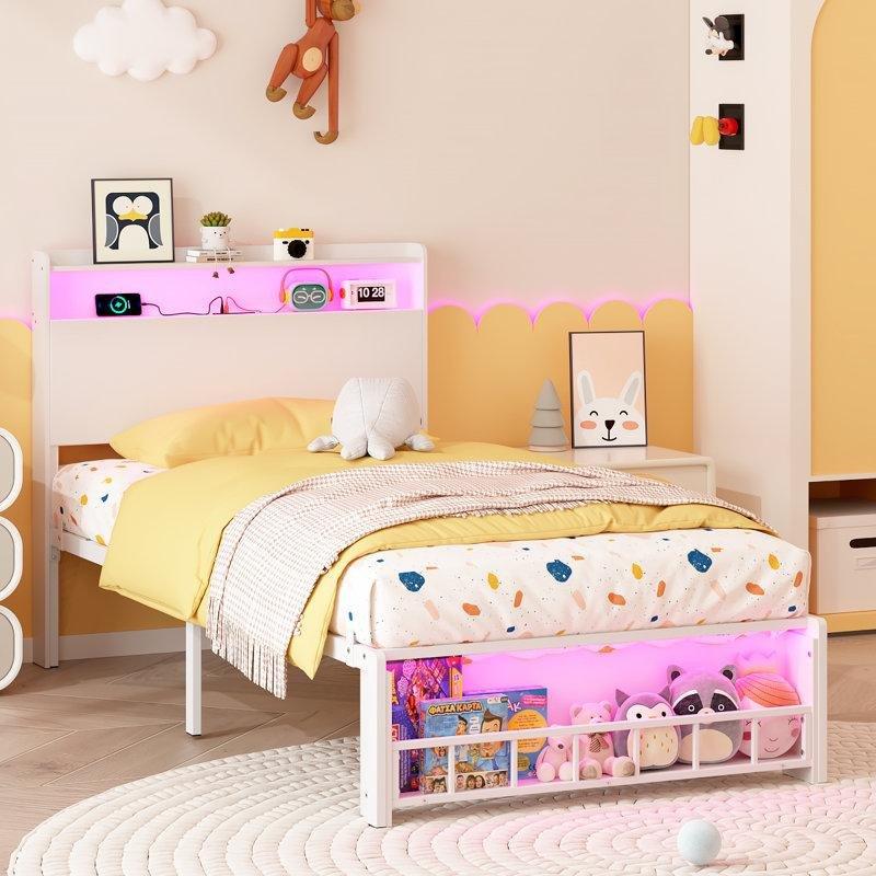 Beyaz Çelik RGB Aydınlatmalı USB Şarjlı Kitaplıklı Saklama Alanlı Karyola - 142978