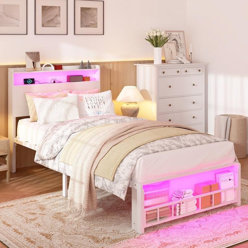 Beyaz Çelik RGB Aydınlatmalı USB Şarjlı Kitaplıklı Saklama Alanlı Karyola - 142978