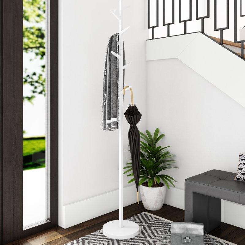 Beyaz Çelik ve Ahşap Ayarlanabilir 6 Kancalı Ağaç Tasarımlı Portmanto Vestiyer - 176 cm - 161347