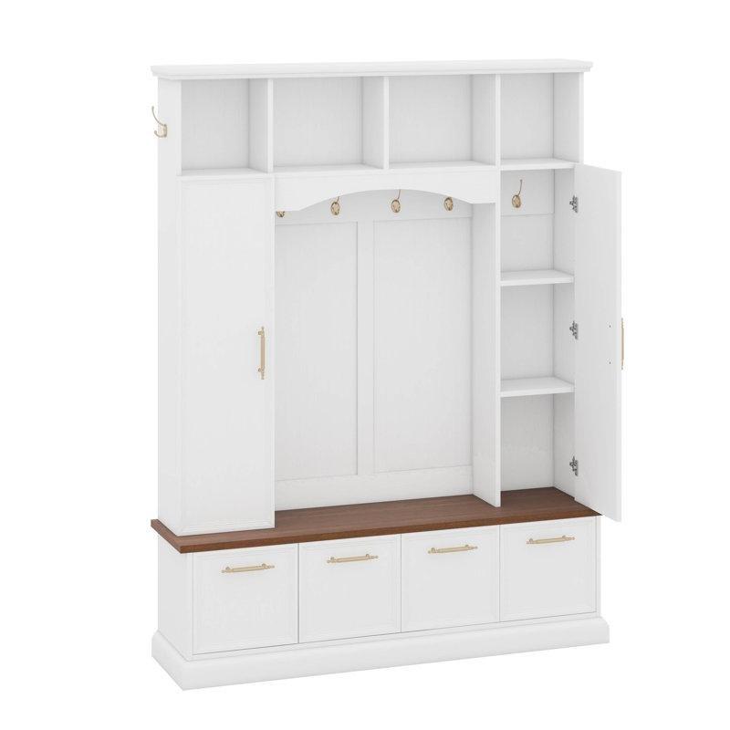 Beyaz Ceviz Oturaklı Gold Kancalı ve Ayarlanabilir Raflı MDF Portmanto Vestiyer - 150 cm - 159613