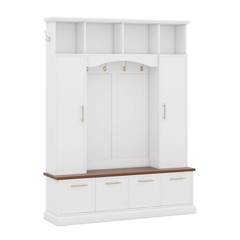 Beyaz Ceviz Oturaklı Gold Kancalı ve Ayarlanabilir Raflı MDF Portmanto Vestiyer - 150 cm - 159613