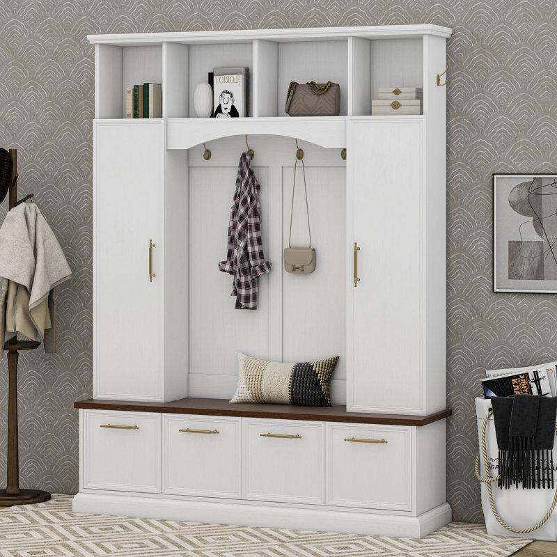 Beyaz Ceviz Oturaklı Gold Kancalı ve Ayarlanabilir Raflı MDF Portmanto Vestiyer - 150 cm - 159613