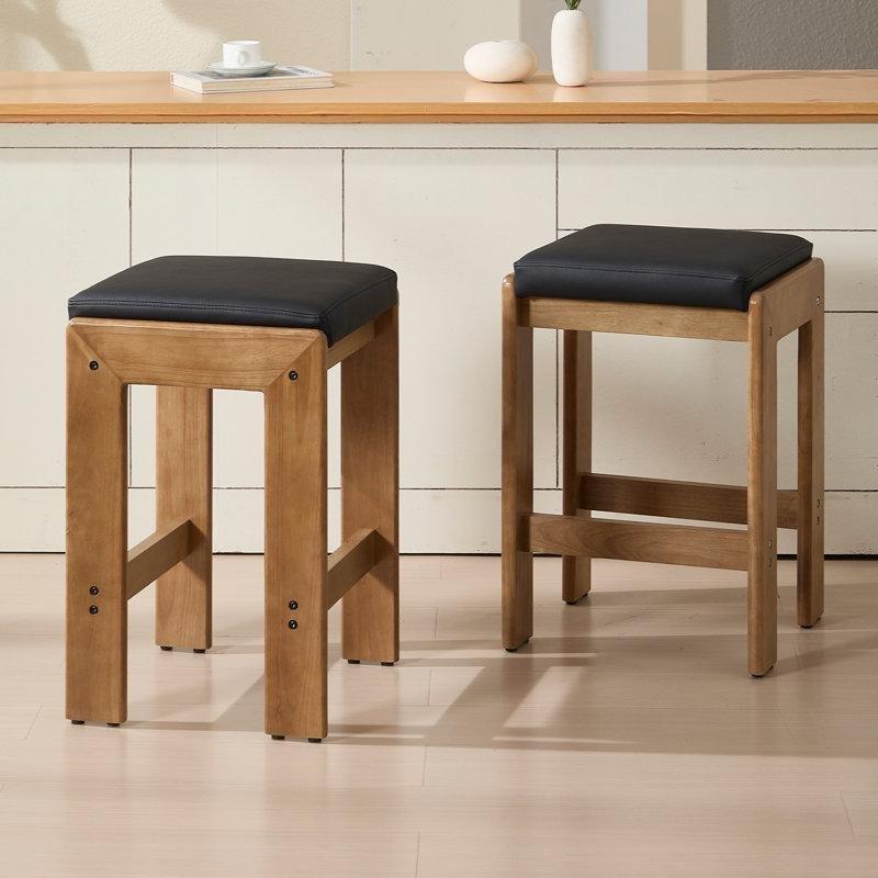 Beyaz Döşemeli Eyer Oturaklı Masif Ham Ahşap Bar Sandalyesi - 69 cm (2'li Set) - 148806