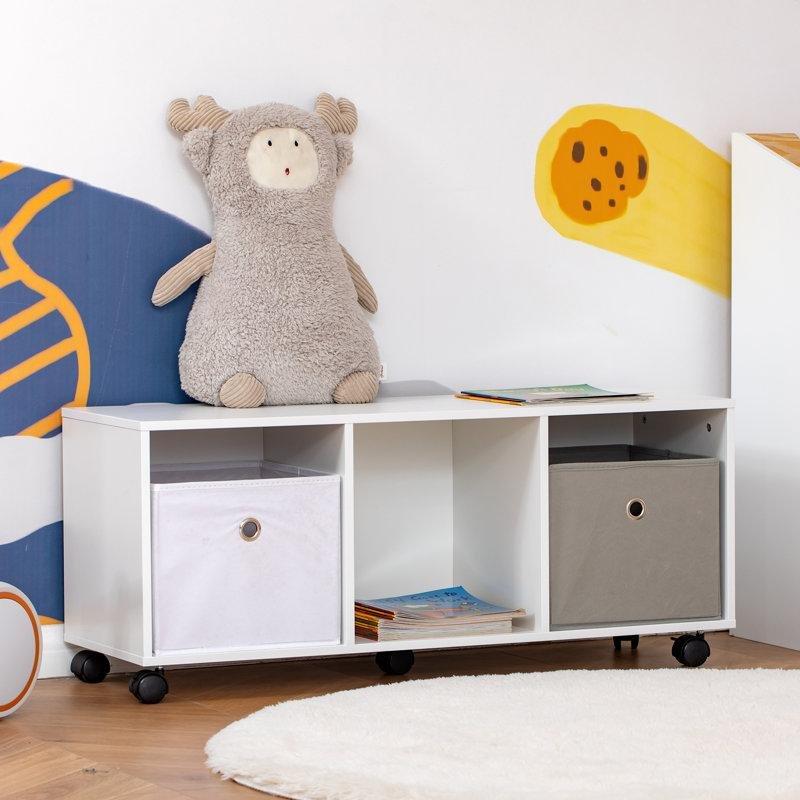 Beyaz Endüstriyel Ahşap 2 Kumaş Sepetli Raflı Tekerlekli Oyuncak Dolabı - 91x30x39 cm - 150498