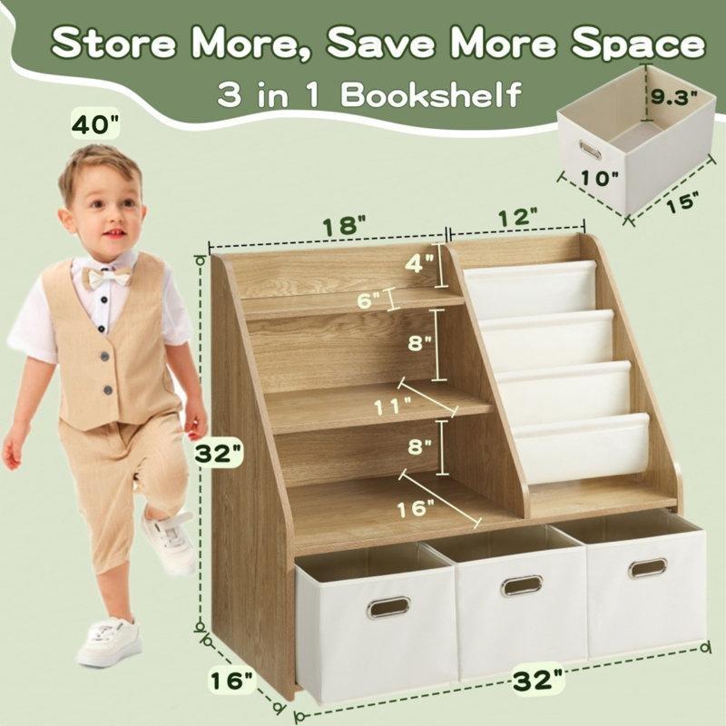 Beyaz Endüstriyel Ahşap 3 Çekmeceli Kumaş Raflı Montessori Oyuncak Dolabı - 91x81 cm - 149958
