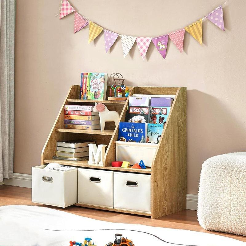 Beyaz Endüstriyel Ahşap 3 Çekmeceli Kumaş Raflı Montessori Oyuncak Dolabı - 91x81 cm - 149958
