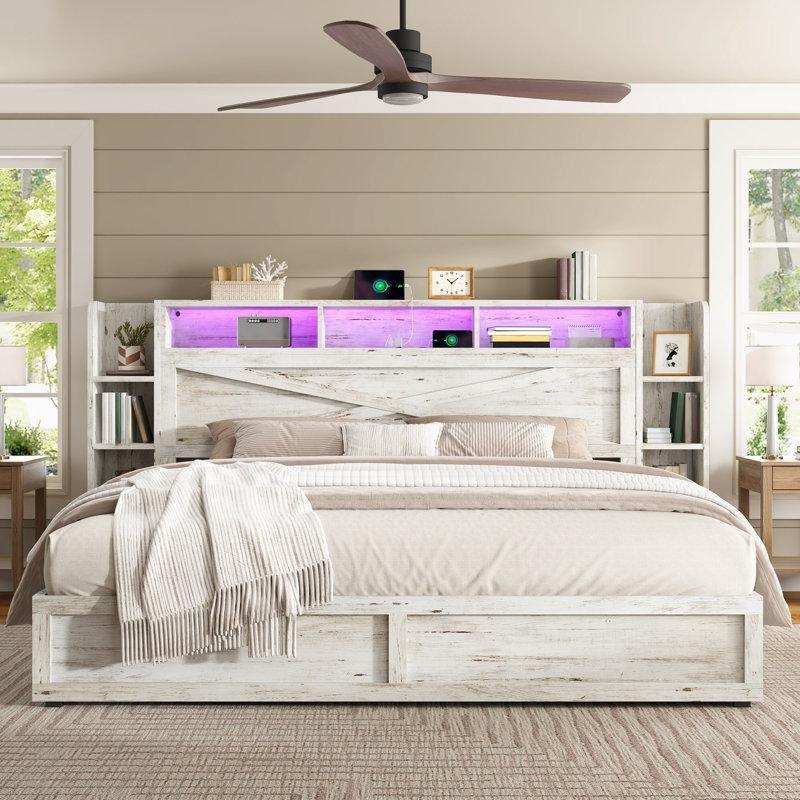 Beyaz Endüstriyel Ahşap 4 Çekmeceli LED Işıklı ve Şarj İstasyonlu Kitaplık Başlıklı Karyola - 257x228 cm - 142225