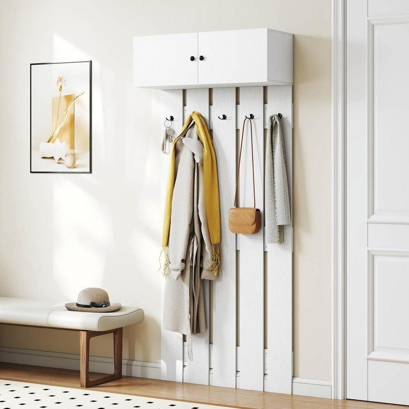 Beyaz Endüstriyel Ahşap 5 Askılı 2 Kapaklı Dolaplı Duvara Monte Portmanto Vestiyer - 91x33x211 cm - 159451