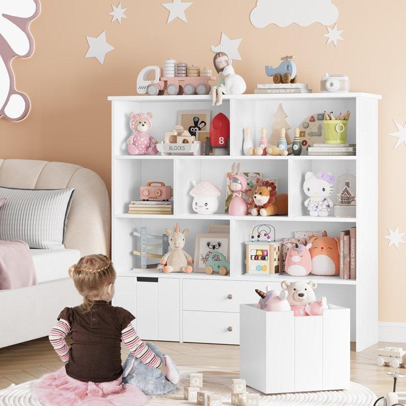 Beyaz Endüstriyel Ahşap 7 Küp Raflı ve 4 Çekmeceli Tekerlekli Kitaplıklı Oyuncak Dolabı - 125 cm - 149907