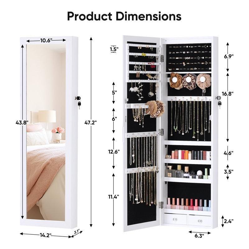 Beyaz Endüstriyel Ahşap Aynalı LED Işıklı Kilitli Takı Dolabı - 120x37x8 cm - 145398