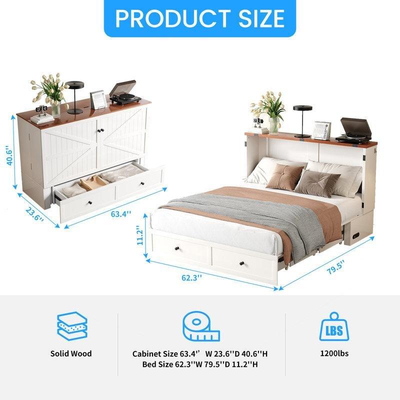 Beyaz Endüstriyel Ahşap Çekmeceli ve Dahili USB Şarj İstasyonlu Queen Size Duvar Yatağı - 144366