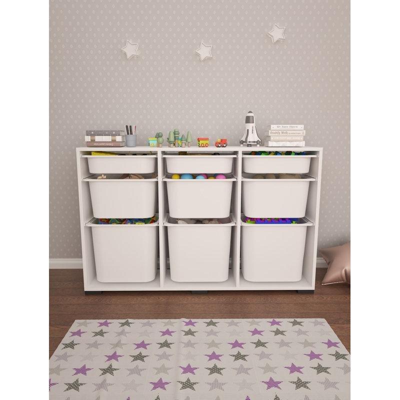 Beyaz Endüstriyel Ahşap Çok Raflı Duvara Monte Edilebilir Oyuncak Dolabı - 135x85x30 cm - 150327