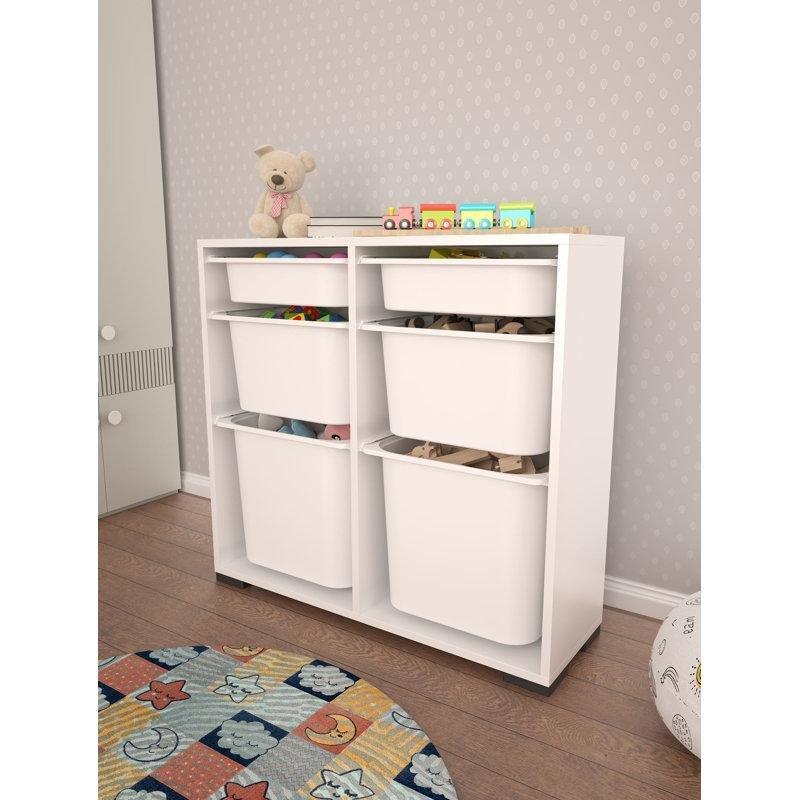 Beyaz Endüstriyel Ahşap Çok Raflı Oyuncak Dolabı - 90x84x30 cm - 150330