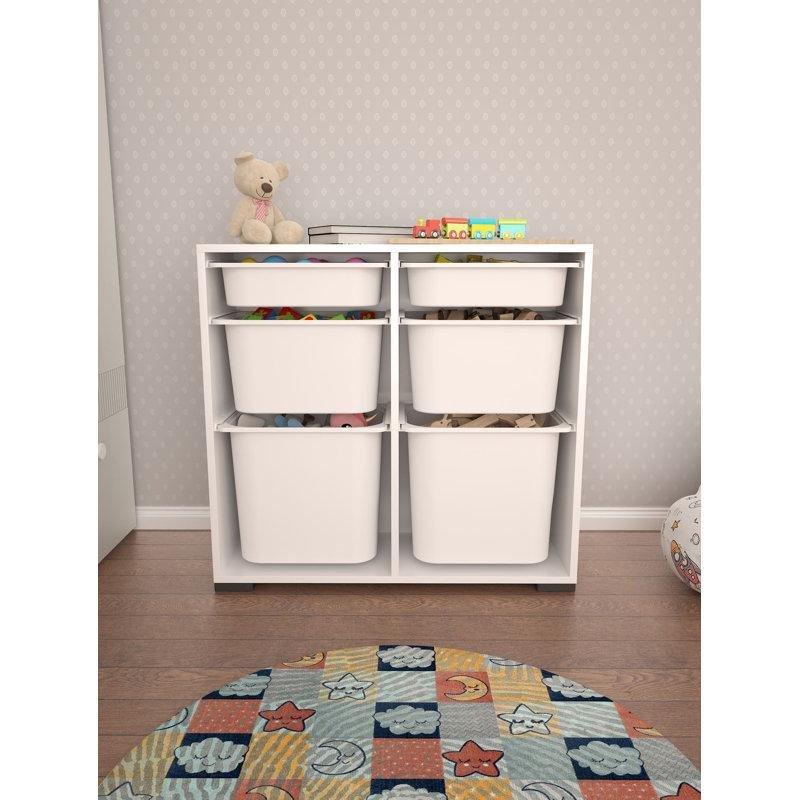 Beyaz Endüstriyel Ahşap Çok Raflı Oyuncak Dolabı - 90x84x30 cm - 150330
