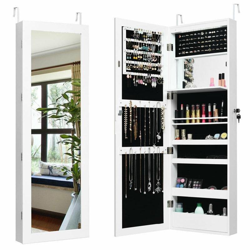 Beyaz Endüstriyel Ahşap Duvara Monte Kilitli Aynalı Takı Dolabı - 37x120 cm - 145272