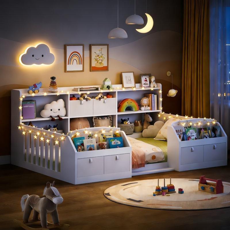 Beyaz Endüstriyel Ahşap Kitaplıklı ve Çekmeceli Montessori Karyola - 101x194 cm - 142636