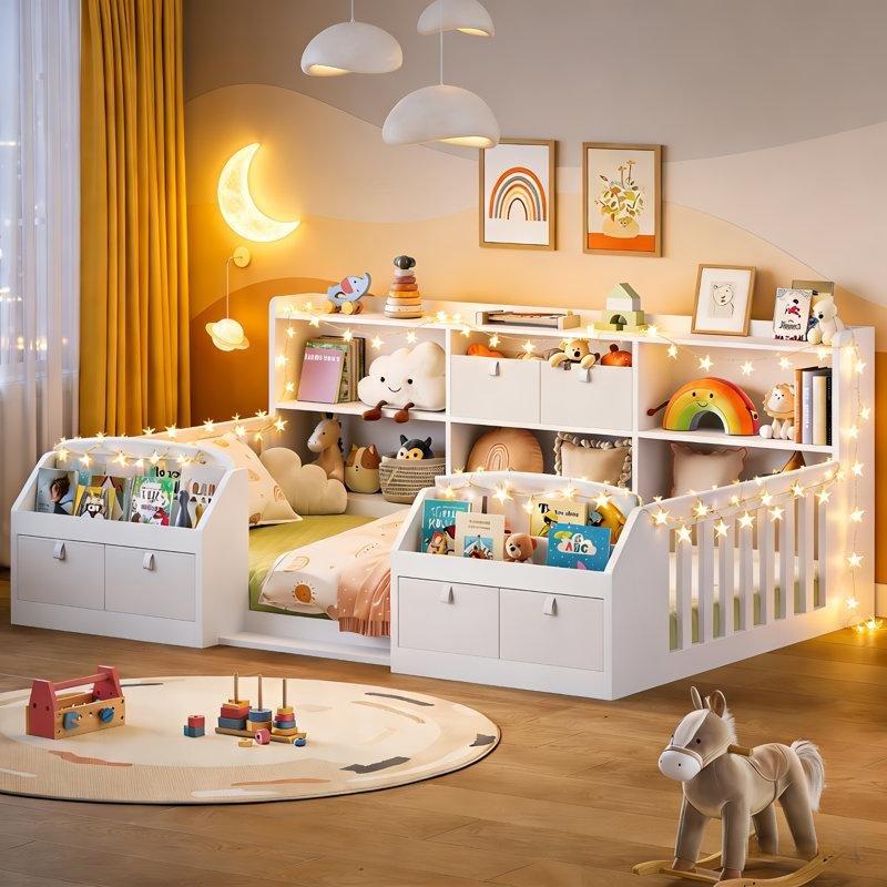 Beyaz Endüstriyel Ahşap Kitaplıklı ve Çekmeceli Montessori Karyola - 101x194 cm - 142636