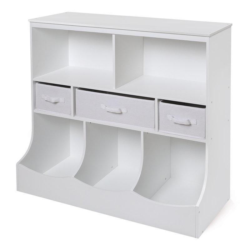 Beyaz Endüstriyel Ahşap Kumaş Sepetli Raflı Oyuncak Dolabı - 93x40 cm - 150348