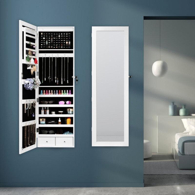 Beyaz Endüstriyel Ahşap LED Işıklı Kilitli Boy Aynalı Takı Dolabı - 121x37x10 cm - 145284