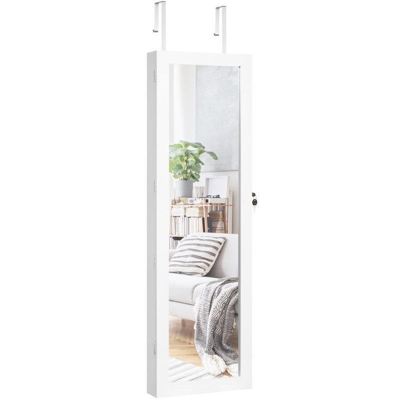 Beyaz Endüstriyel Ahşap LED Işıklı Kilitli Boy Aynalı Takı Dolabı - 121x37x10 cm - 145284