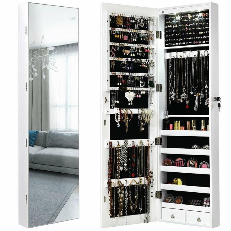 Beyaz Endüstriyel Ahşap LED Işıklı ve Kilitli Boy Aynalı Takı Dolabı - 139x36 cm - 145305