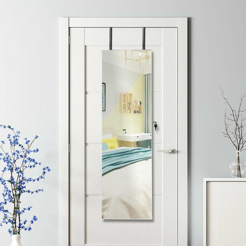 Beyaz Endüstriyel Ahşap LED Işıklı ve Kilitli Boy Aynalı Takı Dolabı - 139x36 cm - 145305