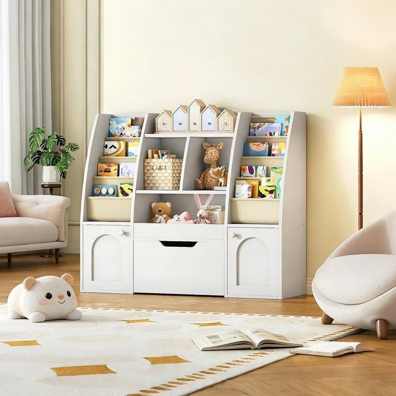 Beyaz Endüstriyel Ahşap Tekerlekli Çekmeceli ve Kitaplıklı Montessori Oyuncak Dolabı - 120x30x101 cm - 150549