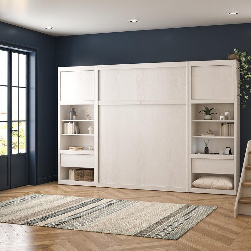 Beyaz Endüstriyel Ahşap Yan Dolaplı Kitaplık Tasarımlı Duvar Yatağı - 303x210 cm - 144450