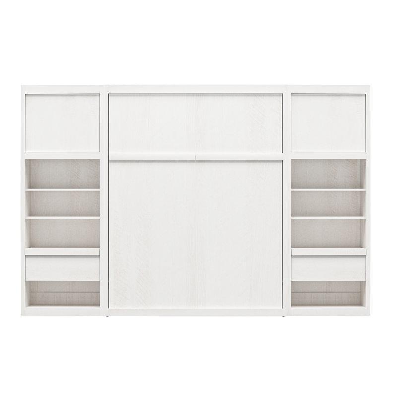 Beyaz Endüstriyel Ahşap Yan Dolaplı Kitaplık Tasarımlı Duvar Yatağı - 303x210 cm - 144450