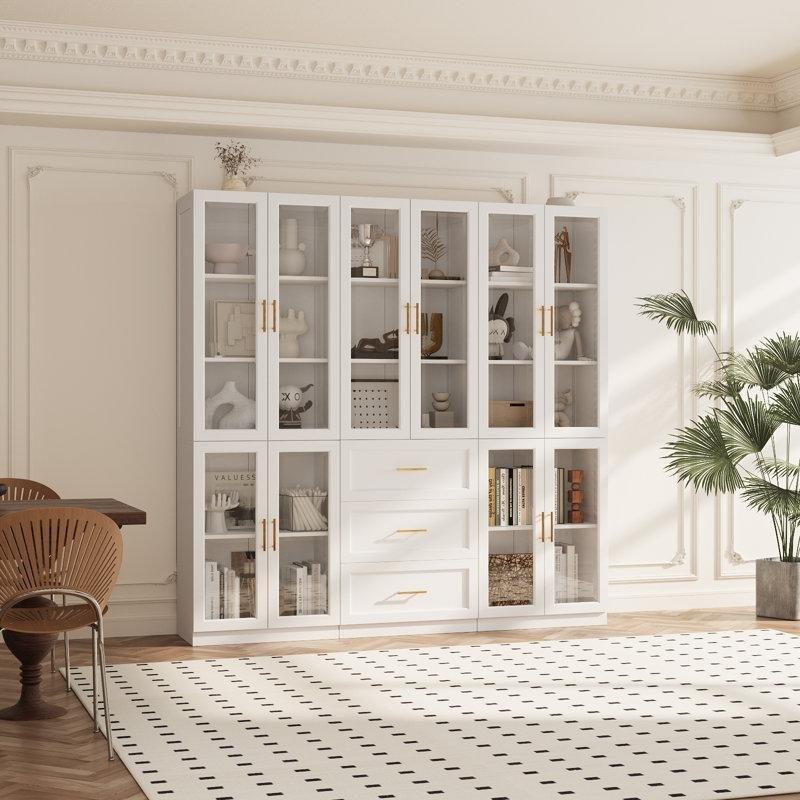 Beyaz Gold Kulplu Cam Kapaklı 5 Dolaplı MDF Vitrin - Gümüşlük - 180 cm - 157168