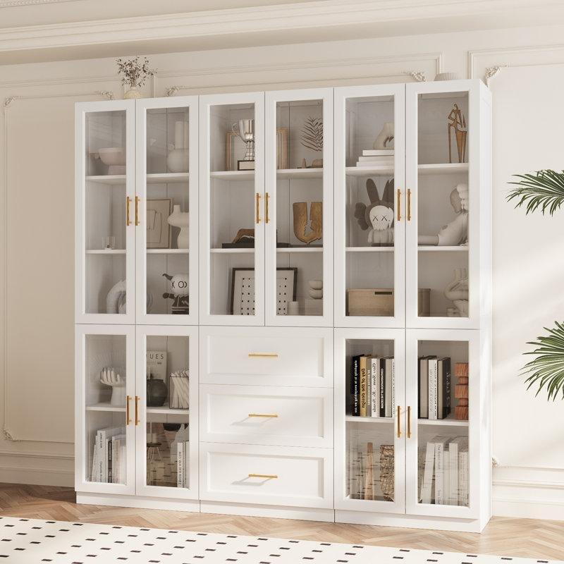 Beyaz Gold Kulplu Cam Kapaklı 5 Dolaplı MDF Vitrin - Gümüşlük - 180 cm - 157168