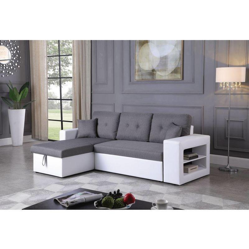 Beyaz Gri Keten Kumaş Dahili Raflı Yataklı Yönü Değiştirilebilir Köşe Koltuk - 233x146 cm - 153086