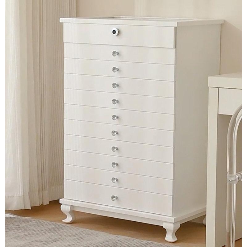 Beyaz Huş Ağacı Parmak İzi Kilitli Çekmeceli Kristal Kulplu Takı Dolabı - 101x63x40 cm - 145191