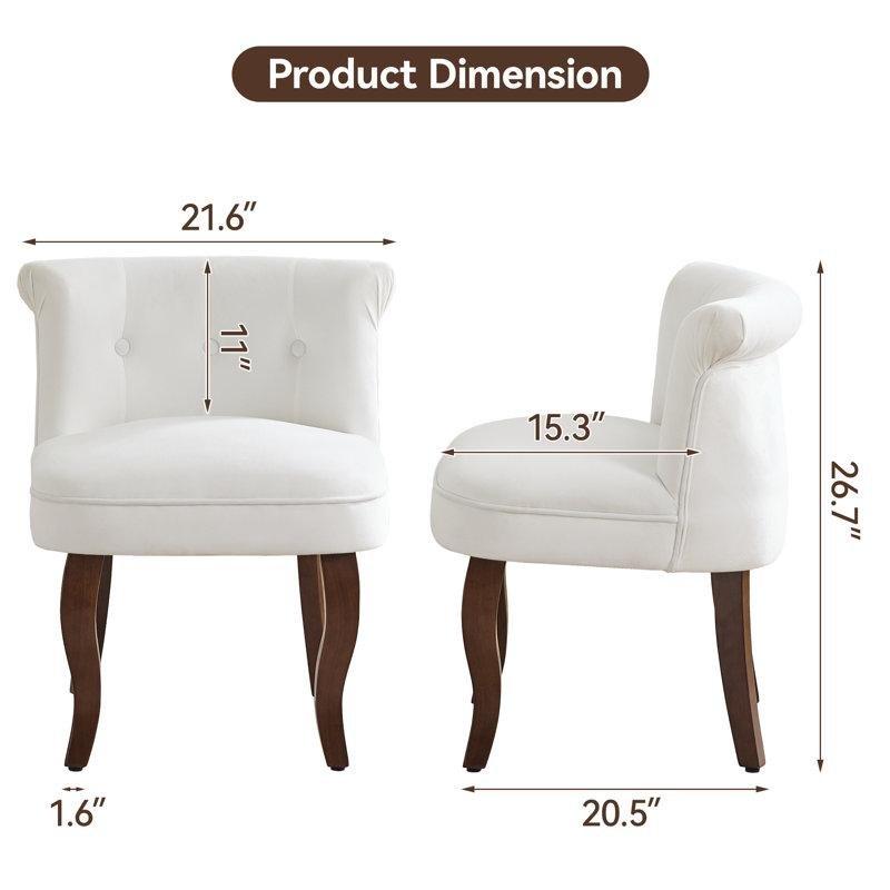 Beyaz Kadife Kapitoneli Masif Ahşap Ayaklı Makyaj Sandalyesi - 146151