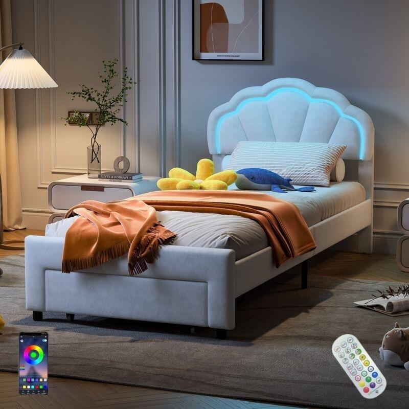 Beyaz Kadife LED Aydınlatmalı Çekmeceli Çiçek Başlıklı Tek Kişilik Baza - 90x200 cm - 143847